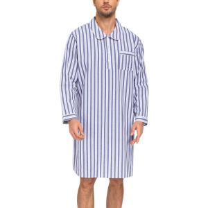 SWOMOG Men’s Nightshirt 100% Cotton Long Sleeve Sleep Shirt Button Down Nightgown Soft Sleepwear Comfy Nightwear S-XXXL(Navy White Stripes)