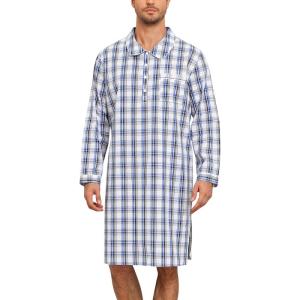 SWOMOG Men’s Nightshirt 100% Cotton Long Sleeve Sleep Shirt Button Down Nightgown Soft Sleepwear Comfy Nightwear S-XXXL(White Blue Grid)