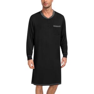 SWOMOG Mens Nightshirt Modal Long Sleeve Nightgown Henley Night Shirts Sleepwear Big & Tall Nightwear S-XXXL(Black)