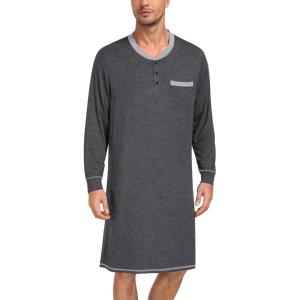SWOMOG Mens Nightshirt Modal Long Sleeve Nightgown Henley Night Shirts Sleepwear Big & Tall Nightwear S-XXXL(Dark Grey)