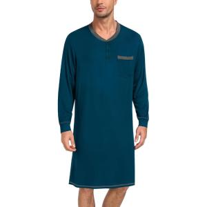 SWOMOG Mens Nightshirt Modal Long Sleeve Nightgown Henley Night Shirts Sleepwear Big & Tall Nightwear S-XXXL(Dark Navy Blue)
