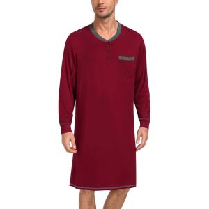 SWOMOG Mens Nightshirt Modal Long Sleeve Nightgown Henley Night Shirts Sleepwear Big & Tall Nightwear S-XXXL(Deep Wine Red)