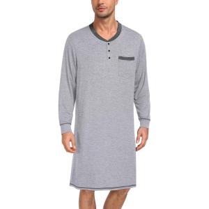 SWOMOG Mens Nightshirt Modal Long Sleeve Nightgown Henley Night Shirts Sleepwear Big & Tall Nightwear S-XXXL(Grey)