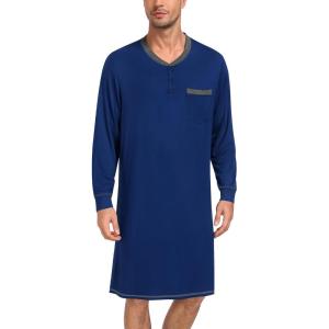 SWOMOG Mens Nightshirt Modal Long Sleeve Nightgown Henley Night Shirts Sleepwear Big & Tall Nightwear S-XXXL(Navy Blue)