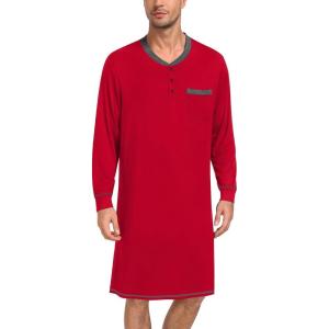 SWOMOG Mens Nightshirt Modal Long Sleeve Nightgown Henley Night Shirts Sleepwear Big & Tall Nightwear S-XXXL(Red)