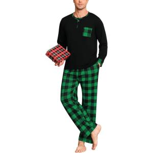 SWOMOG Mens Pajamas Set Long Sleeve Mens Sleepwear Pj Sets Henley Shirts and Pants Soft 2 Pcs Lounge Sets with Pockets(Black Green Grid)
