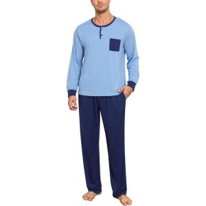 SWOMOG Mens Pajamas Set Long Sleeve Mens Sleepwear Pj Sets Henley Shirts and Pants Soft 2 Pcs Lounge Sets with Pockets(Light Blue)