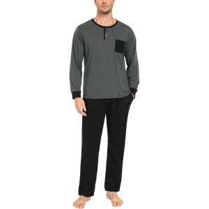 SWOMOG Mens Pajamas Set Long Sleeve Mens Sleepwear Pj Sets Henley Shirts and Pants Soft 2 Pcs Lounge Sets with Pockets(Medium Grey)