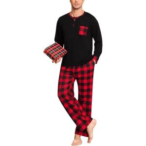 SWOMOG Mens Pajamas Set Long Sleeve Mens Sleepwear Pj Sets Henley Shirts and Pants Soft 2 Pcs Lounge Sets with Pockets(Red Black Grid)