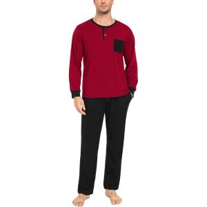 SWOMOG Mens Pajamas Set Long Sleeve Mens Sleepwear Pj Sets Henley Shirts and Pants Soft 2 Pcs Lounge Sets with Pockets(Wine Red)