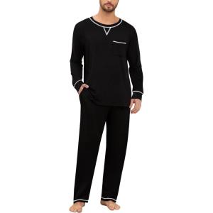 SWOMOG Mens Pajamas Set Modal Long Sleeve Sleepwear Crew Neck Pjs 2 Piece Loungewear Nightshirt Top & Pants with Pockets(Black)