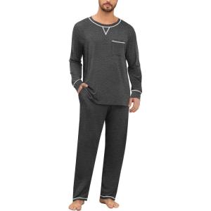 SWOMOG Mens Pajamas Set Modal Long Sleeve Sleepwear Crew Neck Pjs 2 Piece Loungewear Nightshirt Top & Pants with Pockets(Deep Grey)