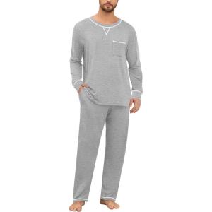 SWOMOG Mens Pajamas Set Modal Long Sleeve Sleepwear Crew Neck Pjs 2 Piece Loungewear Nightshirt Top & Pants with Pockets(Grey)