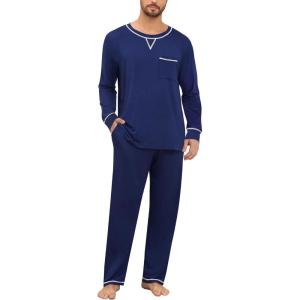 SWOMOG Mens Pajamas Set Modal Long Sleeve Sleepwear Crew Neck Pjs 2 Piece Loungewear Nightshirt Top & Pants with Pockets(Navy Blue)
