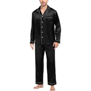 SWOMOG Mens Silk Satin Pajamas Set Long Sleeve Sleepwear Button-Down Pj Two-piece Loungewear with Long Pants S-XXL(Black)