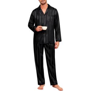 SWOMOG Mens Silk Satin Pajamas Set Long Sleeve Sleepwear Button-Down Pj Two-piece Loungewear with Long Pants S-XXL(Black Stripe)