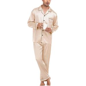 SWOMOG Mens Silk Satin Pajamas Set Long Sleeve Sleepwear Button-Down Pj Two-piece Loungewear with Long Pants S-XXL(Champagne)