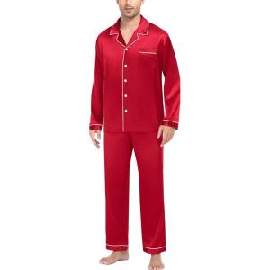 SWOMOG Mens Silk Satin Pajamas Set Long Sleeve Sleepwear Button-Down Pj Two-piece Loungewear with Long Pants S-XXL(Christmas Red)
