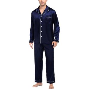 SWOMOG Mens Silk Satin Pajamas Set Long Sleeve Sleepwear Button-Down Pj Two-piece Loungewear with Long Pants S-XXL(Deep Navy Blue)