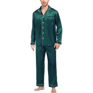 SWOMOG Mens Silk Satin Pajamas Set Long Sleeve Sleepwear Button-Down Pj Two-piece Loungewear with Long Pants S-XXL(Green)