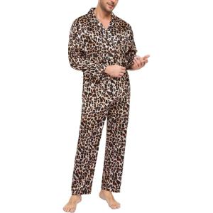 SWOMOG Mens Silk Satin Pajamas Set Long Sleeve Sleepwear Button-Down Pj Two-piece Loungewear with Long Pants S-XXL(Leopard)