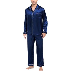 SWOMOG Mens Silk Satin Pajamas Set Long Sleeve Sleepwear Button-Down Pj Two-piece Loungewear with Long Pants S-XXL(Navy Blue)