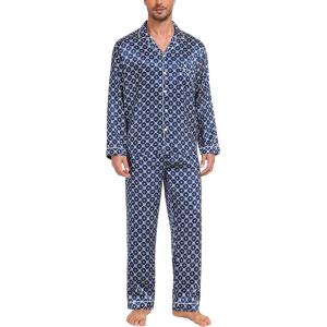 SWOMOG Mens Silk Satin Pajamas Set Long Sleeve Sleepwear Button-Down Pj Two-piece Loungewear with Long Pants S-XXL(Navy Blue Flower)