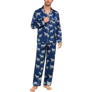 SWOMOG Mens Silk Satin Pajamas Set Long Sleeve Sleepwear Button-Down Pj Two-piece Loungewear with Long Pants S-XXL(Navy Blue Zebra)