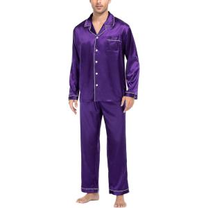 SWOMOG Mens Silk Satin Pajamas Set Long Sleeve Sleepwear Button-Down Pj Two-piece Loungewear with Long Pants S-XXL(Purple)