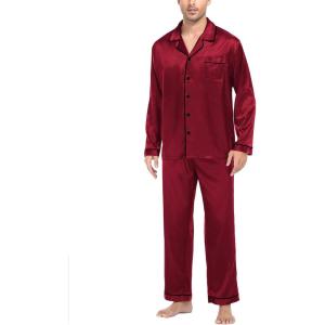 SWOMOG Mens Silk Satin Pajamas Set Long Sleeve Sleepwear Button-Down Pj Two-piece Loungewear with Long Pants S-XXL(Wine Red)