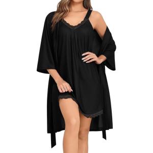 SWOMOG Nightgown and Robe Sets for Women 2 Piece Sleeveless Sexy Lace Strap Pajamas and 3/4 Sleeves Bathrobe with Pockets(Black)