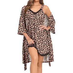 SWOMOG Nightgown and Robe Sets for Women 2 Piece Sleeveless Sexy Lace Strap Pajamas and 3/4 Sleeves Bathrobe with Pockets(Black Leopard Print)