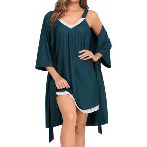 SWOMOG Nightgown and Robe Sets for Women 2 Piece Sleeveless Sexy Lace Strap Pajamas and 3/4 Sleeves Bathrobe with Pockets(Blue Green)