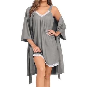 SWOMOG Nightgown and Robe Sets for Women 2 Piece Sleeveless Sexy Lace Strap Pajamas and 3/4 Sleeves Bathrobe with Pockets(Deep Grey)