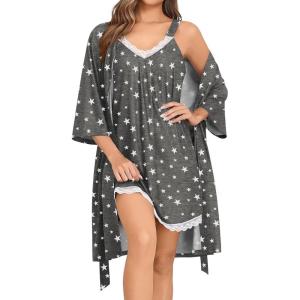 SWOMOG Nightgown and Robe Sets for Women 2 Piece Sleeveless Sexy Lace Strap Pajamas and 3/4 Sleeves Bathrobe with Pockets(Grey Star)