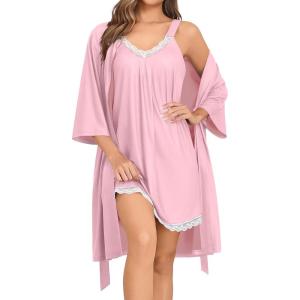 SWOMOG Nightgown and Robe Sets for Women 2 Piece Sleeveless Sexy Lace Strap Pajamas and 3/4 Sleeves Bathrobe with Pockets(Pink)