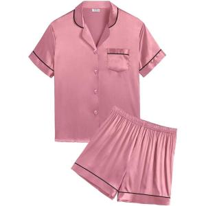SWOMOG Silk Pajamas for Kids Girls Satin Pj Set Boys Sleepwear Button Down Short Sleeve Loungewear 2 Pieces(Misty Rose)