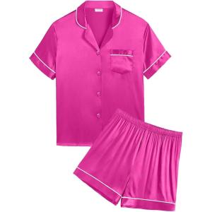 SWOMOG Silk Pajamas for Kids Girls Satin Pj Set Boys Sleepwear Button Down Short Sleeve Loungewear 2 Pieces(Rose Red)