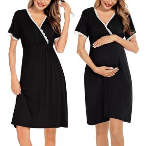 SWOMOG Women 3 in 1 Delivery/Labor/Nursing Nightgown Short Sleeve Pleated Maternity Sleepwear for Breastfeeding(Black)