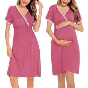 SWOMOG Women 3 in 1 Delivery/Labor/Nursing Nightgown Short Sleeve Pleated Maternity Sleepwear for Breastfeeding(Coral Short Sleeve)