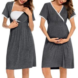 SWOMOG Women 3 in 1 Delivery/Labor/Nursing Nightgown Short Sleeve Pleated Maternity Sleepwear for Breastfeeding(Deep Grey)