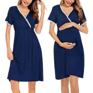 SWOMOG Women 3 in 1 Delivery/Labor/Nursing Nightgown Short Sleeve Pleated Maternity Sleepwear for Breastfeeding(Short Sleeve Navy Blue)