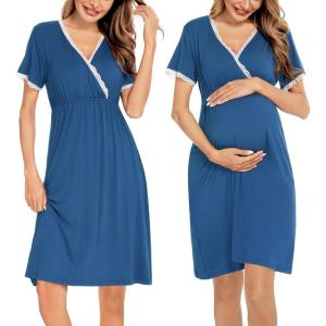 SWOMOG Women 3 in 1 Delivery/Labor/Nursing Nightgown Short Sleeve Pleated Maternity Sleepwear for Breastfeeding(Sleeve Short Navy)