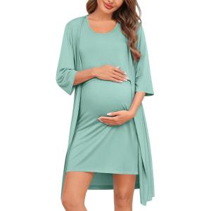 SWOMOG Women Maternity Nursing Gown and 3/4 Sleeve Robe Set Labor Delivery Nightgown Breastfeeding Hospital Bathrobe(Aqua Green)
