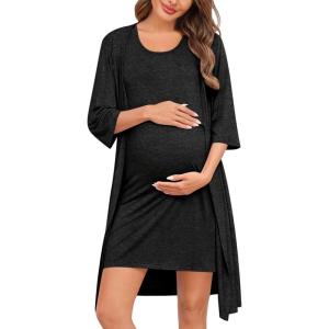 SWOMOG Women Maternity Nursing Gown and 3/4 Sleeve Robe Set Labor Delivery Nightgown Breastfeeding Hospital Bathrobe(Black Grey)