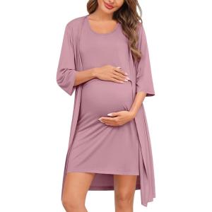 SWOMOG Women Maternity Nursing Gown and 3/4 Sleeve Robe Set Labor Delivery Nightgown Breastfeeding Hospital Bathrobe(Taro Purple)
