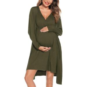 SWOMOG Women Maternity Nursing Gown and Robe Set 3 in 1 Labor Delivery Nursing Nightgown for Breastfeeding Hospital Bathrobe(Army Green)