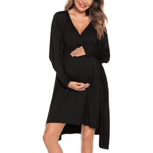 SWOMOG Women Maternity Nursing Gown and Robe Set 3 in 1 Labor Delivery Nursing Nightgown for Breastfeeding Hospital Bathrobe(Black)