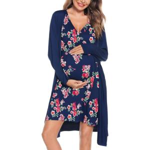 SWOMOG Women Maternity Nursing Gown and Robe Set 3 in 1 Labor Delivery Nursing Nightgown for Breastfeeding Hospital Bathrobe(Blue & Red Flower)