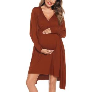 SWOMOG Women Maternity Nursing Gown and Robe Set 3 in 1 Labor Delivery Nursing Nightgown for Breastfeeding Hospital Bathrobe(Coffee)